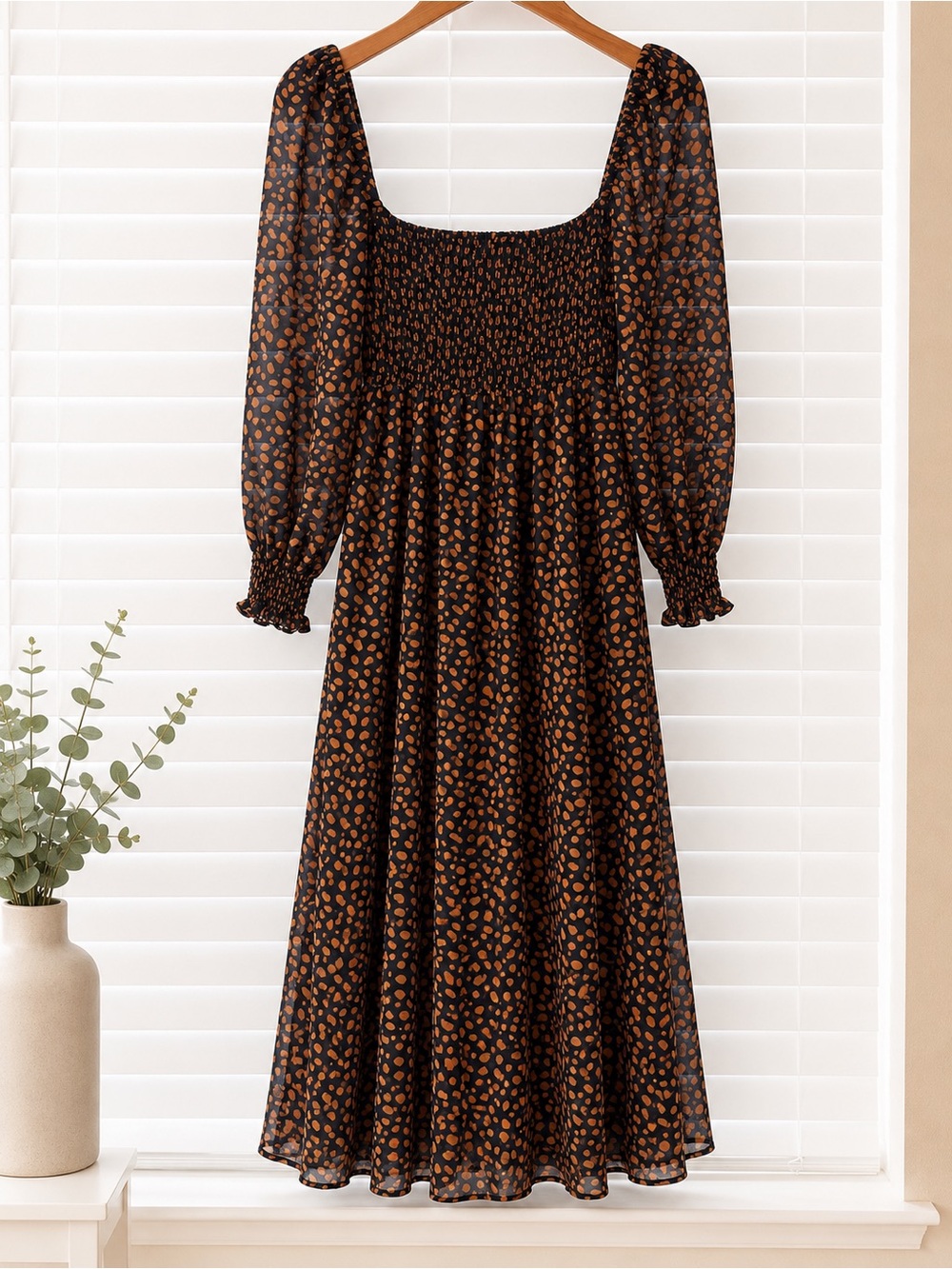 Square Neck Smocked Midi Dress in Black with Brown Spot Print